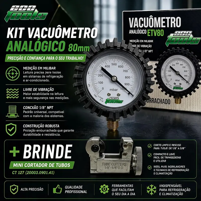 Vacuômetro Analógico C/adaptador Universal Ecotools + Brinde