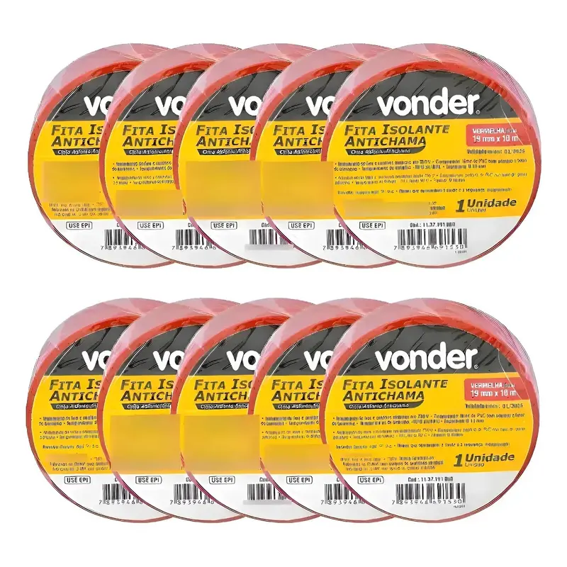 Kit 10 Fitas Isolante Antichama Vonder Vermelha 19mm X 10m