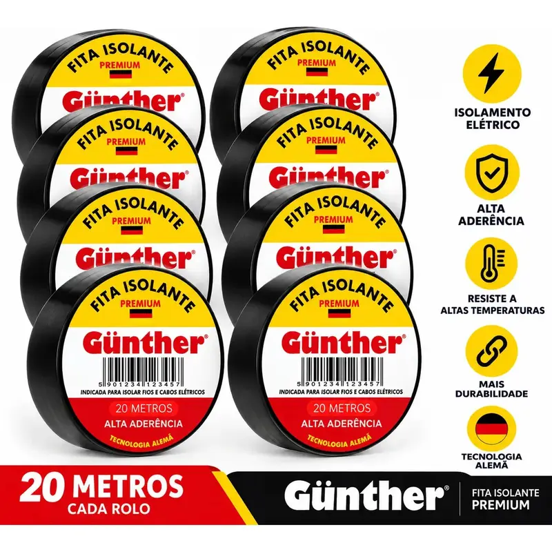 Kit Com 10un / Fitas Isolante Gunther Premium 18mm X 20mts Cor Preto Lisa