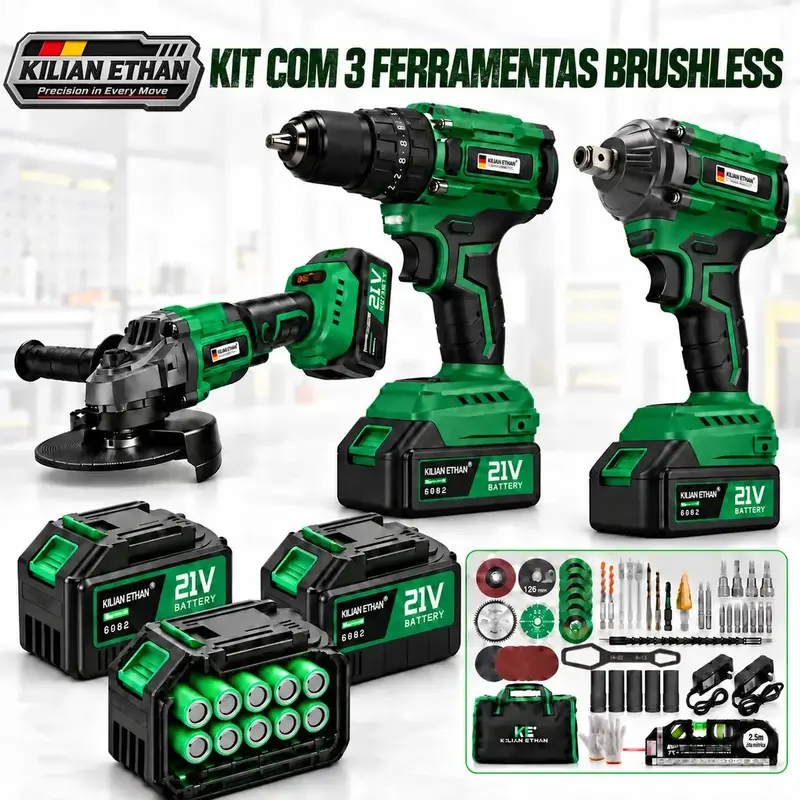 Kit de Ferramentas: Furadeira de Impacto, Chave de Impacto 1/2" e Esmerilhadeira Brushless com 3 Baterias e 2 Carregadores Kilian Ethan
